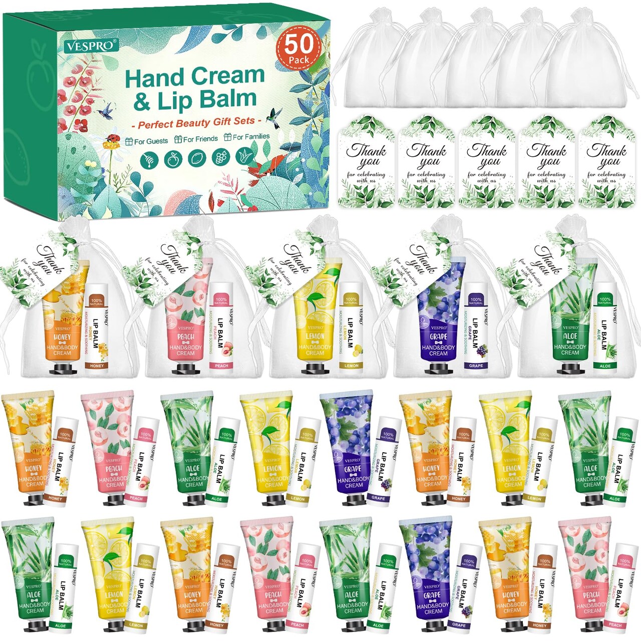 50 Sets Bulk Hand Cream and Bulk Lip Balm, Easter Basket Stuffers, Mothers Day Gifts, Bridal Shower Favors for Guests with Thank Card Organza Bags, Wedding Favors, Teacher and Nurse Gifts